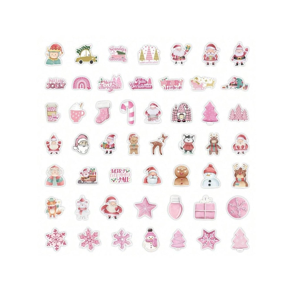 50PCS Cartoon Trendy Pink Christmas Doodle Stickers Exquisite Creative DIY Journal Decorative Decals Suitable for Skateboards, Guitars, Laptops, and Stationery Boxes