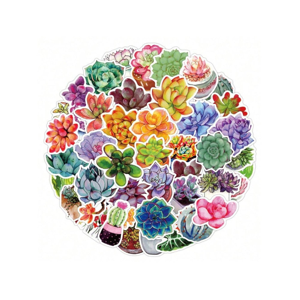 50PCS Cartoon Fresh-Style Succulent Plant Doodle Stickers Exquisite, Fashionable, Creative DIY Journal Decorations Suitable for Skateboards, Bags, Helmets, Guitars, Water Bottles, and Stationery Cases