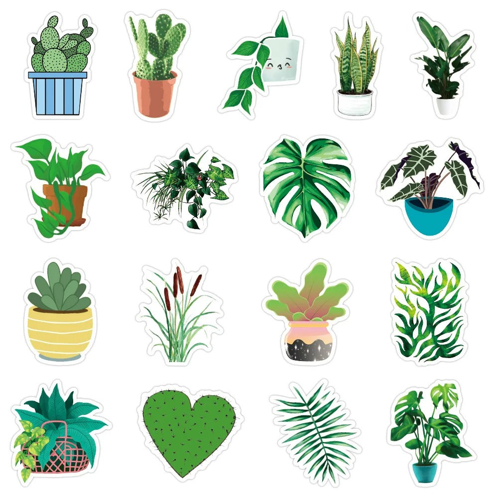 50PCS Classic Fresh Cartoon Green Plant Decorative Style Graffiti Stickers Exquisite Fashion Creative DIY Decorative Sticker Decals for Notebooks Suitable for Mugs, Helmets, Skateboards, Pencil Cases, and Desktops