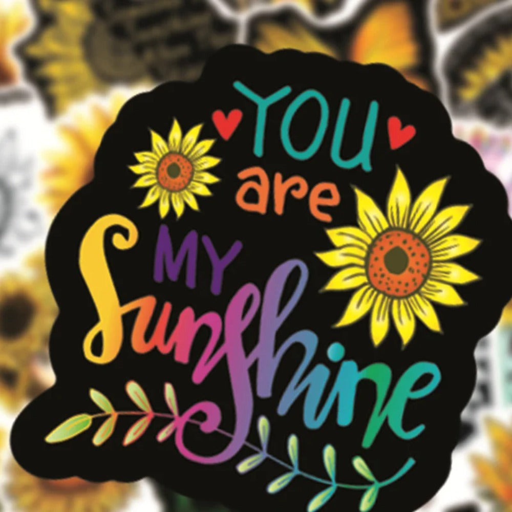50PCS Cartoon Sunflower “You Are My Sunshine” Doodle Stickers Perfect for Suitcases, Water Bottles, Skateboards, Refrigerators, Stationery Boxes Exquisite DIY Desktop Decor Decals