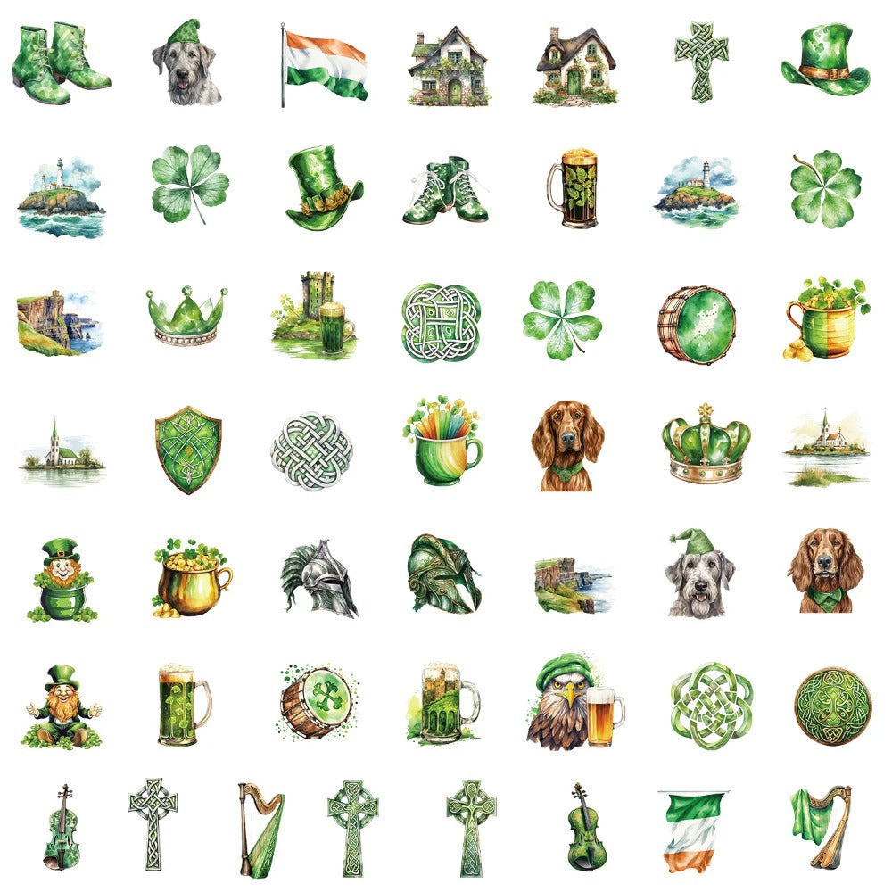50PCS St. Patrick‘s Day Stickers, Cute Cartoon Shamrock, Leprechaun & Pot of Gold Doodles for Luck and Celebration