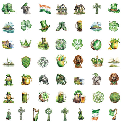 50PCS St. Patrick‘s Day Stickers, Cute Cartoon Shamrock, Leprechaun & Pot of Gold Doodles for Luck and Celebration