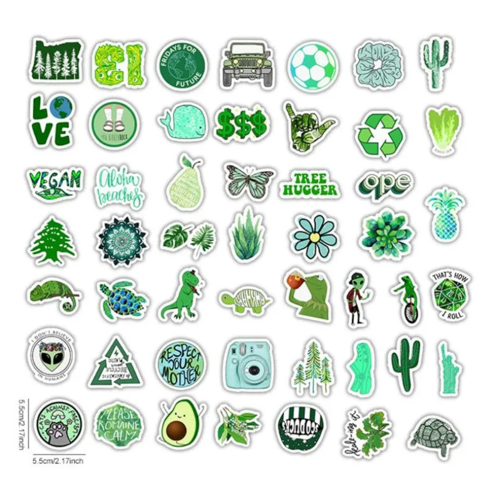 50PCS Cartoon Green Fresh-Style Doodle Stickers Perfect for Phone Cases, Laptops, Water Bottles, Skateboards, Stationery Boxes Exquisite DIY Desktop Decor Decals