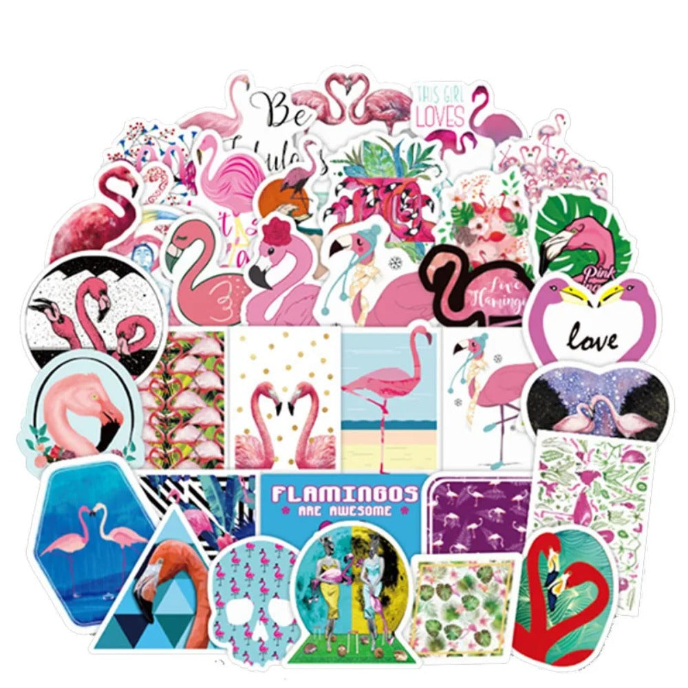 50PCS Cartoon Flamingo Adorable Doodle Stickers for Suitcases, Travel, Computers, Skateboards, Water Bottles, Stationery Boxes, and Creative Journaling