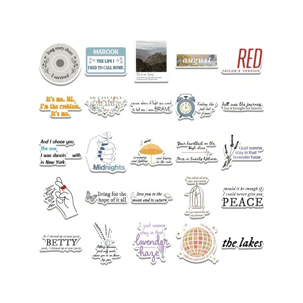 52PCS Taylor Swift Album Lyrics Graffiti Stickers Exquisite and Stylish DIY Decorative Decals Suitable for Helmets, Skateboards, Guitars, Refrigerators, Stationery Boxes, and Desktops