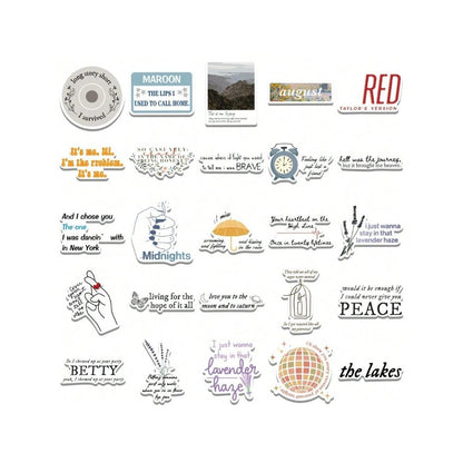 52PCS Taylor Swift Album Lyrics Graffiti Stickers Exquisite and Stylish DIY Decorative Decals Suitable for Helmets, Skateboards, Guitars, Refrigerators, Stationery Boxes, and Desktops