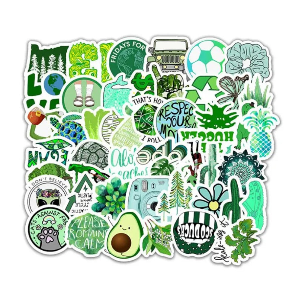 50PCS Cartoon Green Fresh-Style Doodle Stickers Perfect for Phone Cases, Laptops, Water Bottles, Skateboards, Stationery Boxes Exquisite DIY Desktop Decor Decals
