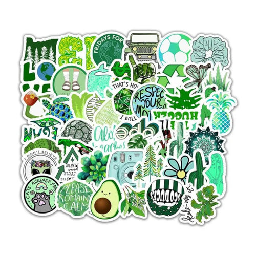 50PCS Cartoon Green Fresh-Style Doodle Stickers Perfect for Phone Cases, Laptops, Water Bottles, Skateboards, Stationery Boxes Exquisite DIY Desktop Decor Decals