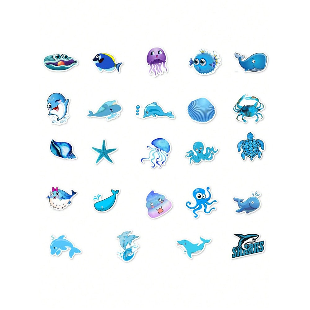 50PCS Cartoon Blue Marine Creature Doodle Stickers Exquisite, Stylish, Creative DIY Journal Decorations Suitable for Cups, Helmets, Skateboards, Pencil Cases, and Desktops