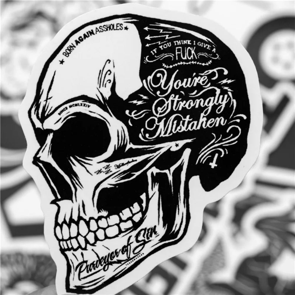 50PCS Black & White Gothic Skull Stickers - Horror Theme Decals for Laptops, Water Bottles, Journals & Alternative Style Gifts