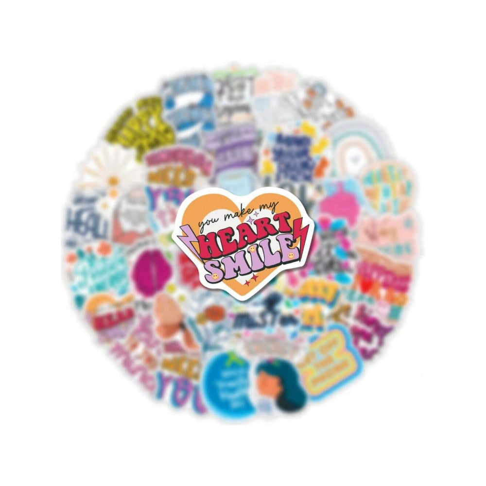 50PCS Cartoon Mental Health Text Doodle Stickers Exquisite Creative Fashion DIY Journal Decorative Decals Suitable for Helmets, Water Bottles, Guitars, Skateboards, and Stationery Cases