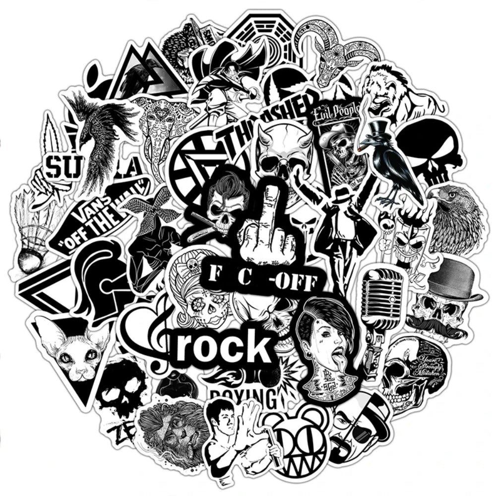 50PCS Black & White Gothic Skull Stickers - Horror Theme Decals for Laptops, Water Bottles, Journals & Alternative Style Gifts