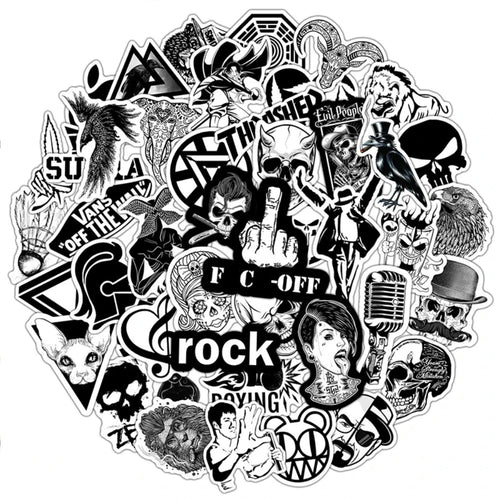 50PCS Black & White Gothic Skull Stickers - Horror Theme Decals for Laptops, Water Bottles, Journals & Alternative Style Gifts