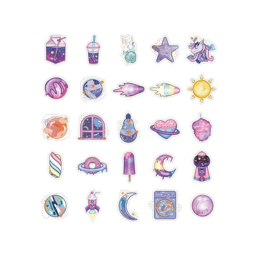50PCS Dream Universe Cartoon Candy Doodle Stickers Exquisite, Fashionable, Creative Decals for Handmade Notebooks Perfect for Helmets, Luggage, Cars, Guitars, Skateboards, Water Bottles, and Stationery Cases