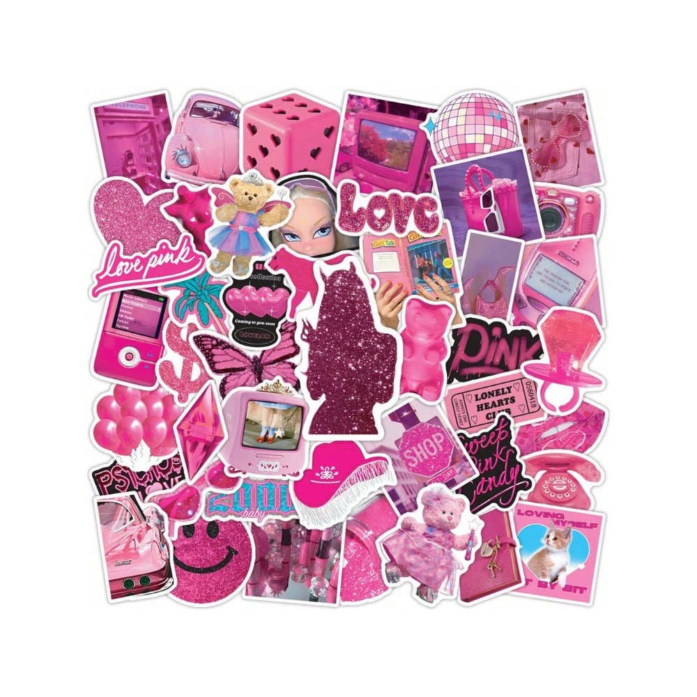50PCS Cartoon Barbie Pink Doodle Stickers Exquisite Creative Decorative Stickers for Notebooks Suitable for Laptops, Suitcases, Desktops, and Stationery Boxes