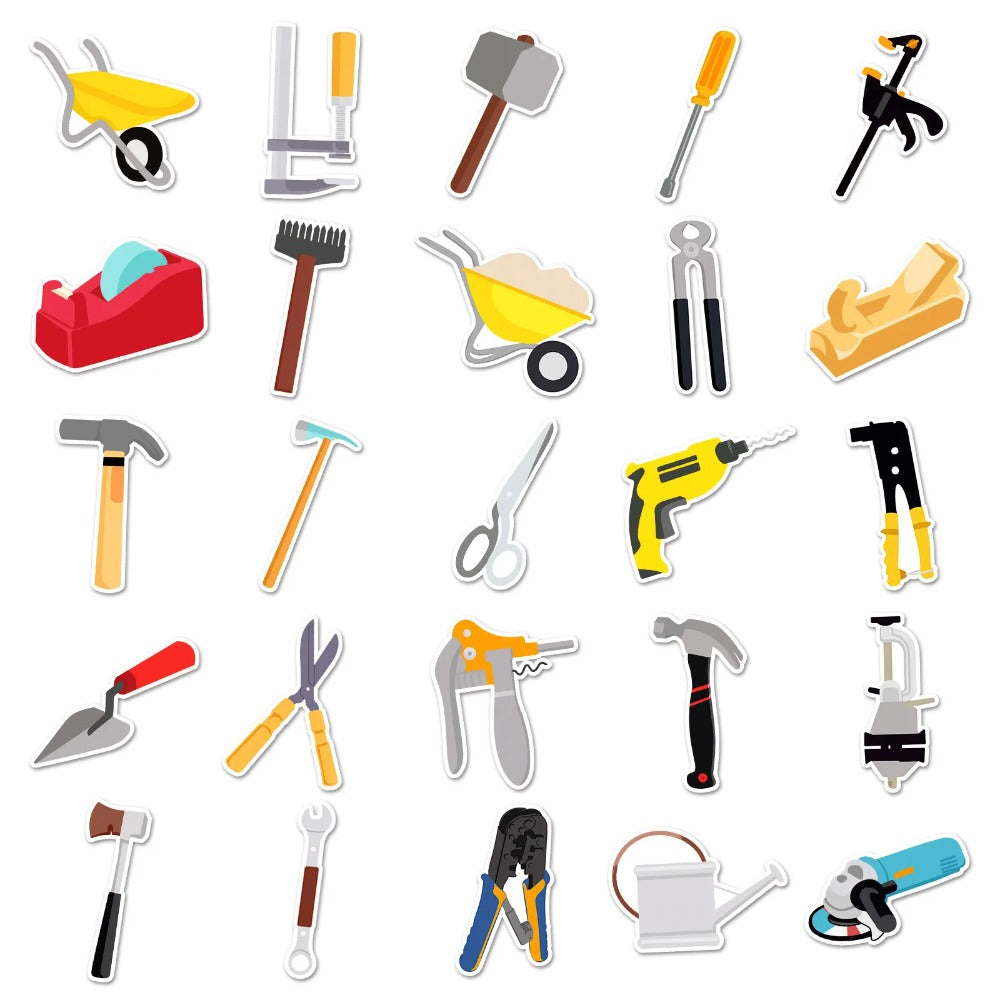 50PCS Cartoon Construction Tools Doodle Stickers Exquisite Creative DIY Journal Decorative Decals Suitable for Skateboards, Laptops, Guitars, Helmets, Water Bottles, and Stationery Cases