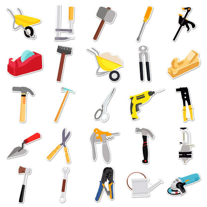 50PCS Cartoon Construction Tools Doodle Stickers Exquisite Creative DIY Journal Decorative Decals Suitable for Skateboards, Laptops, Guitars, Helmets, Water Bottles, and Stationery Cases