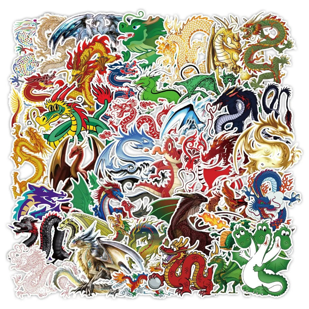 50PCS Cartoon Cool Dragon Doodle Stickers Exquisite, Fashionable, Creative DIY Journal Decorations Suitable for Phone Cases, Laptops, Skateboards, Luggage, and Stationery Boxes