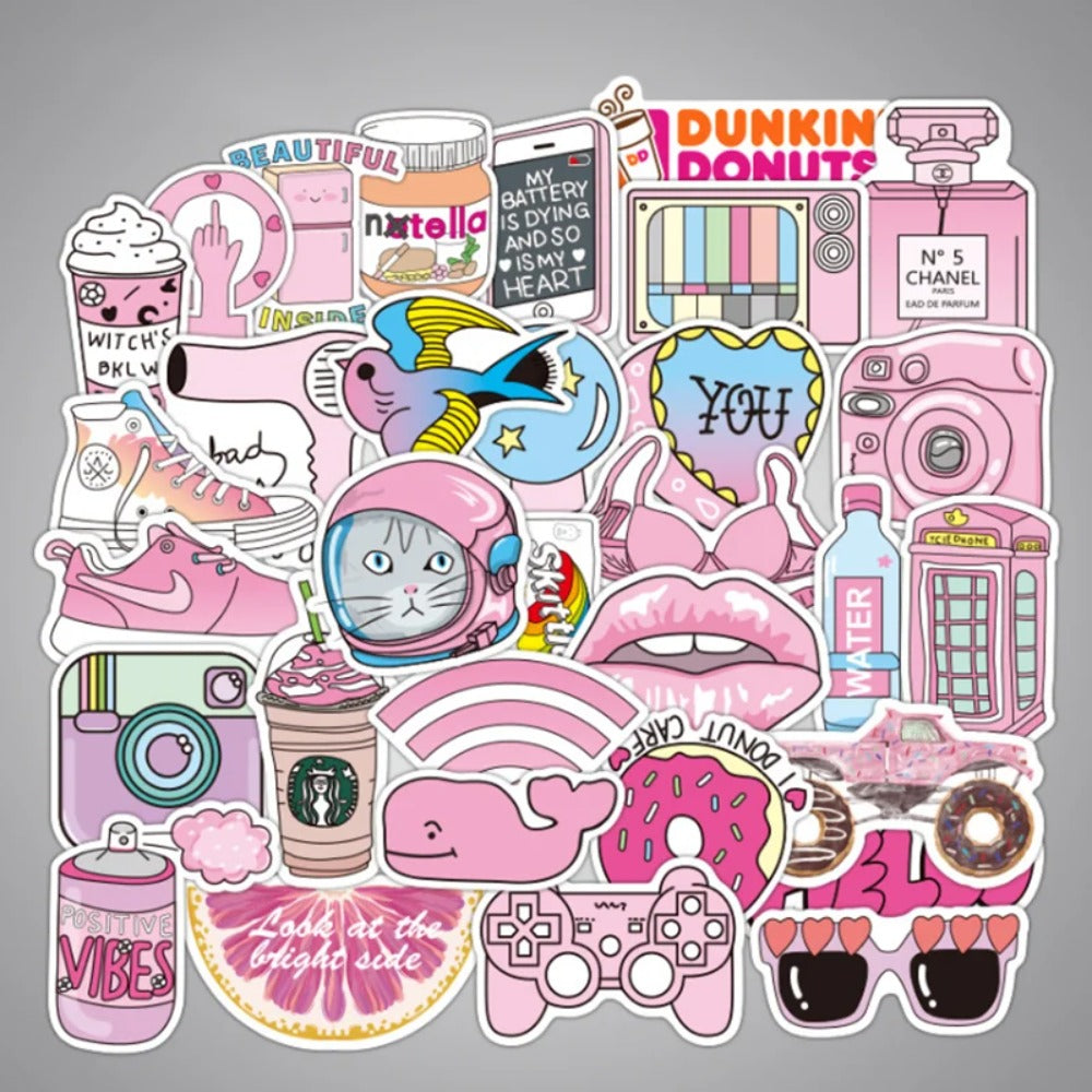 50PCS Pink Girly Artsy Cartoon Cute Doodle Stickers for Guitar, Water Bottle, Skateboard, Fridge, Stationery Box, Desktop Decorative Decals