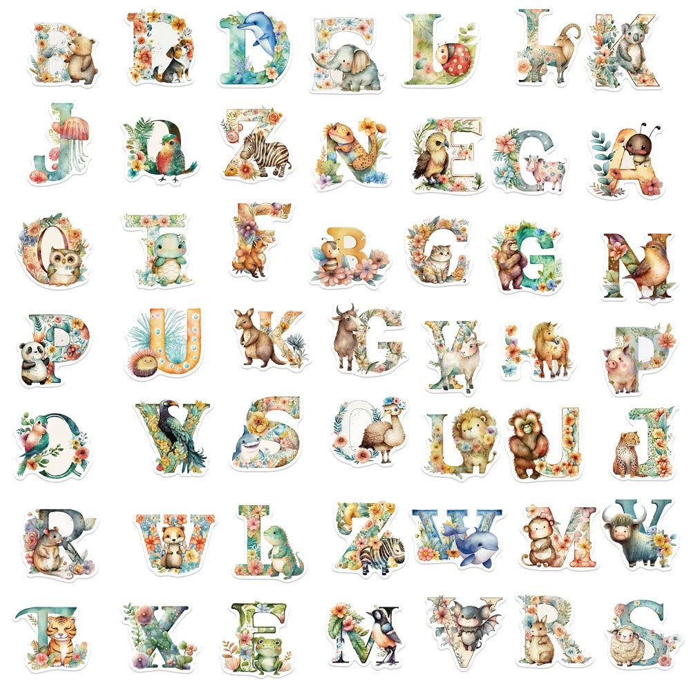 50PCS Alphabet Animal Doodle Stickers, Cute Cartoon ABC & Creature Decals for Early Learning and Toddler Education