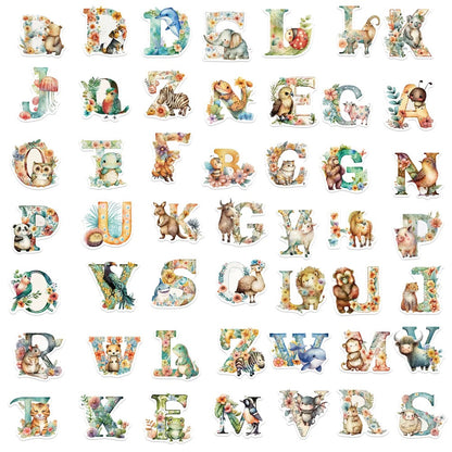 50PCS Alphabet Animal Doodle Stickers, Cute Cartoon ABC & Creature Decals for Early Learning and Toddler Education