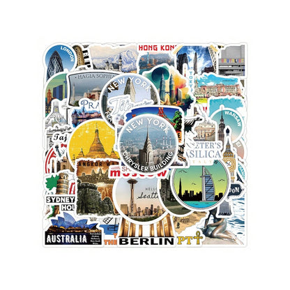 50PCS Cartoon World Famous Buildings Graffiti Stickers Exquisite Creative DIY Journal Decorative Decals Suitable for Notebooks, Refrigerators, Suitcases, Helmets, and Stationery Boxes