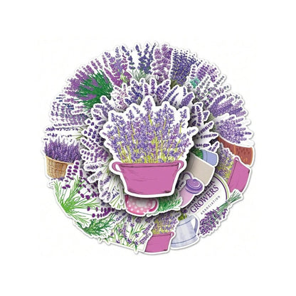 50PCS Cartoon Lavender Flowers Fresh & Chic Doodle Stickers Exquisite, Fashionable, Creative DIY Journal Decorations Perfect for Desks, Refrigerators, Skateboards, Guitars, Water Bottles, and Stationery Boxes