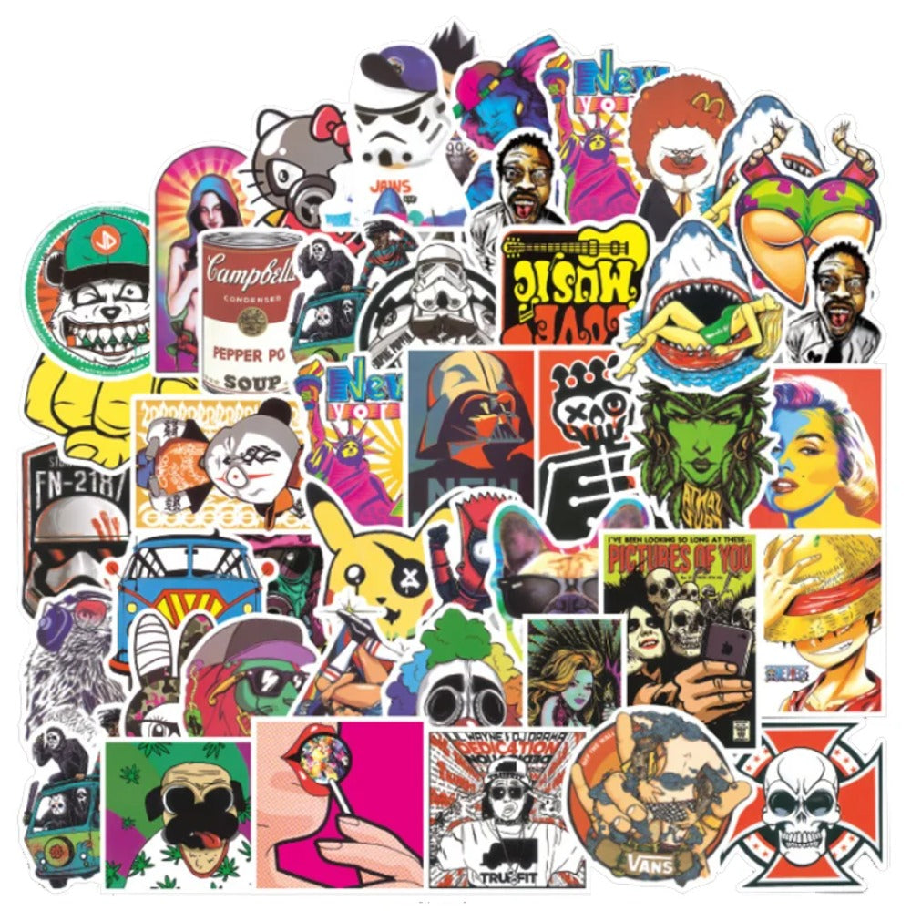 50PCS Fashion Classic Streetwear Cartoon Graffiti Stickers for Bags, Laptops, Guitars, Skateboards, Stationery Boxes, and Desktop Decor