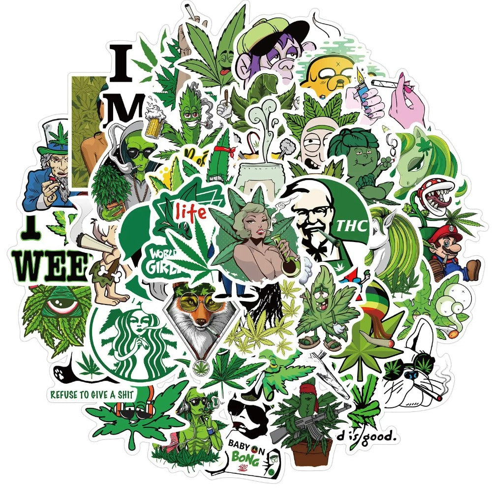50PCS Plant Leaf Hemp Leaf Doodle Stickers for Suitcases, Laptops, Luggage, Skateboards, Water Bottles, Stationery Boxes, and Desktop Decor