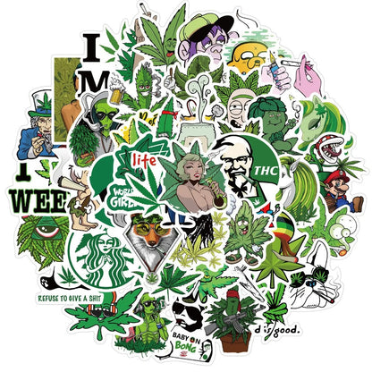 50PCS Plant Leaf Hemp Leaf Doodle Stickers for Suitcases, Laptops, Luggage, Skateboards, Water Bottles, Stationery Boxes, and Desktop Decor