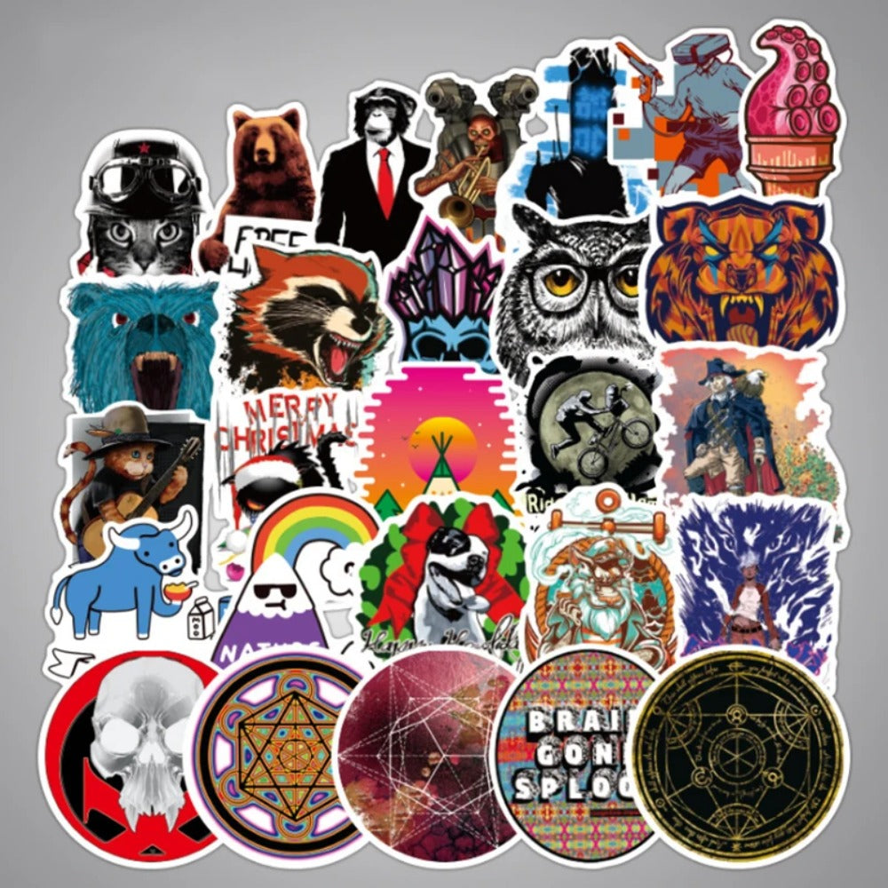 50PCS Black Classic Cartoon Doodle Stickers for Suitcases, Guitars, Skateboards, Water Bottles, Stationery Boxes, and Desktop Decor