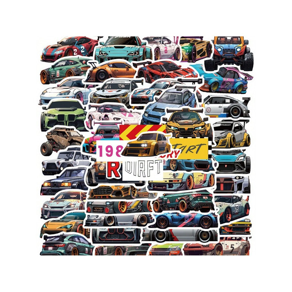 50PCS Cartoon Racing Car Decal Stickers - Stylish & Creative DIY Decorative Decals for Computer Desks, Luggage, Bedside Tables, Stationery Boxes, and Desktop Surfaces