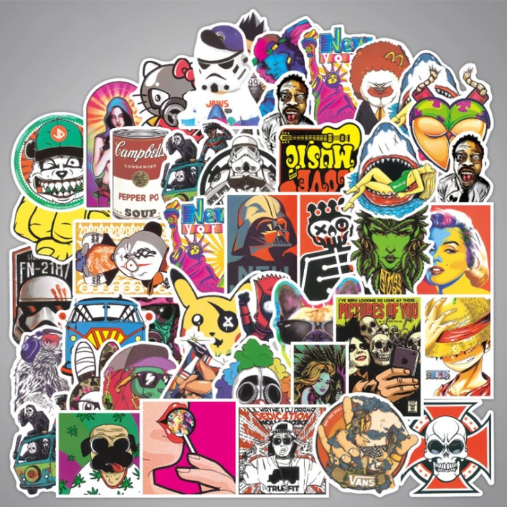 50PCS Fashion Classic Streetwear Cartoon Graffiti Stickers for Bags, Laptops, Guitars, Skateboards, Stationery Boxes, and Desktop Decor