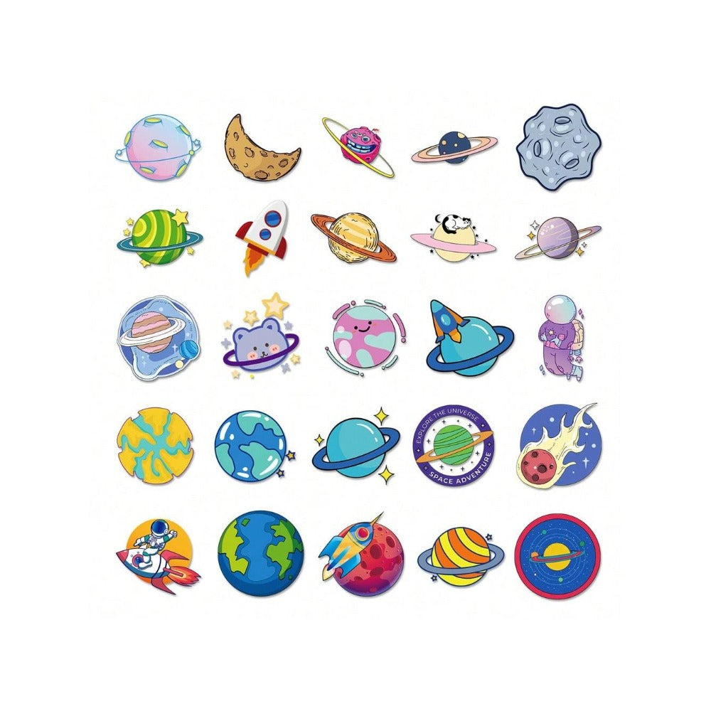 50PCS Cartoon Transparent Cosmic Planet Doodle Stickers Exquisite, Stylish, Creative DIY Decorative Stickers for Notebooks Suitable for Refrigerators, Guitars, Helmets, Skateboards, and Stationery Boxes