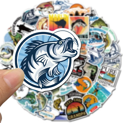 50PCS Lakeside Fishing Doodle Stickers, Serene Cartoon Decals of Rods, Hooks, and Tranquil Waters for Relaxation