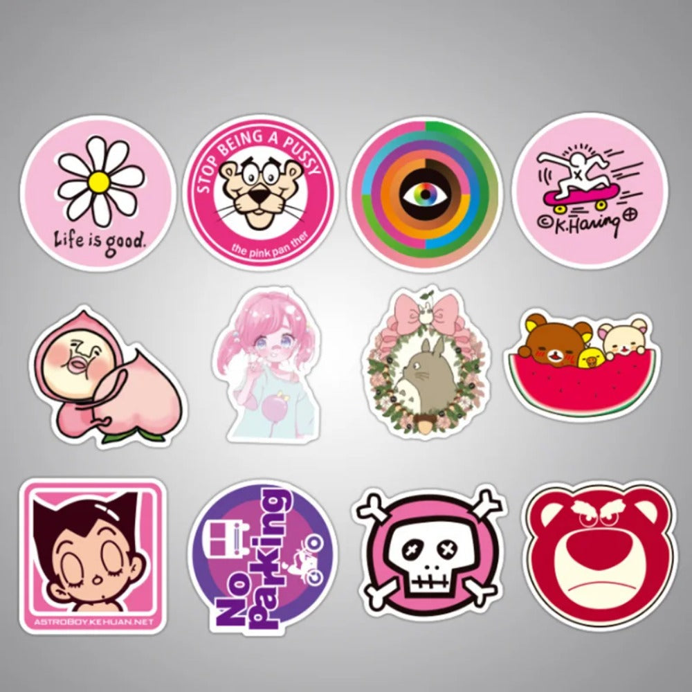 50PCS Pink Girly Artsy Cartoon Cute Doodle Stickers for Guitar, Water Bottle, Skateboard, Fridge, Stationery Box, Desktop Decorative Decals
