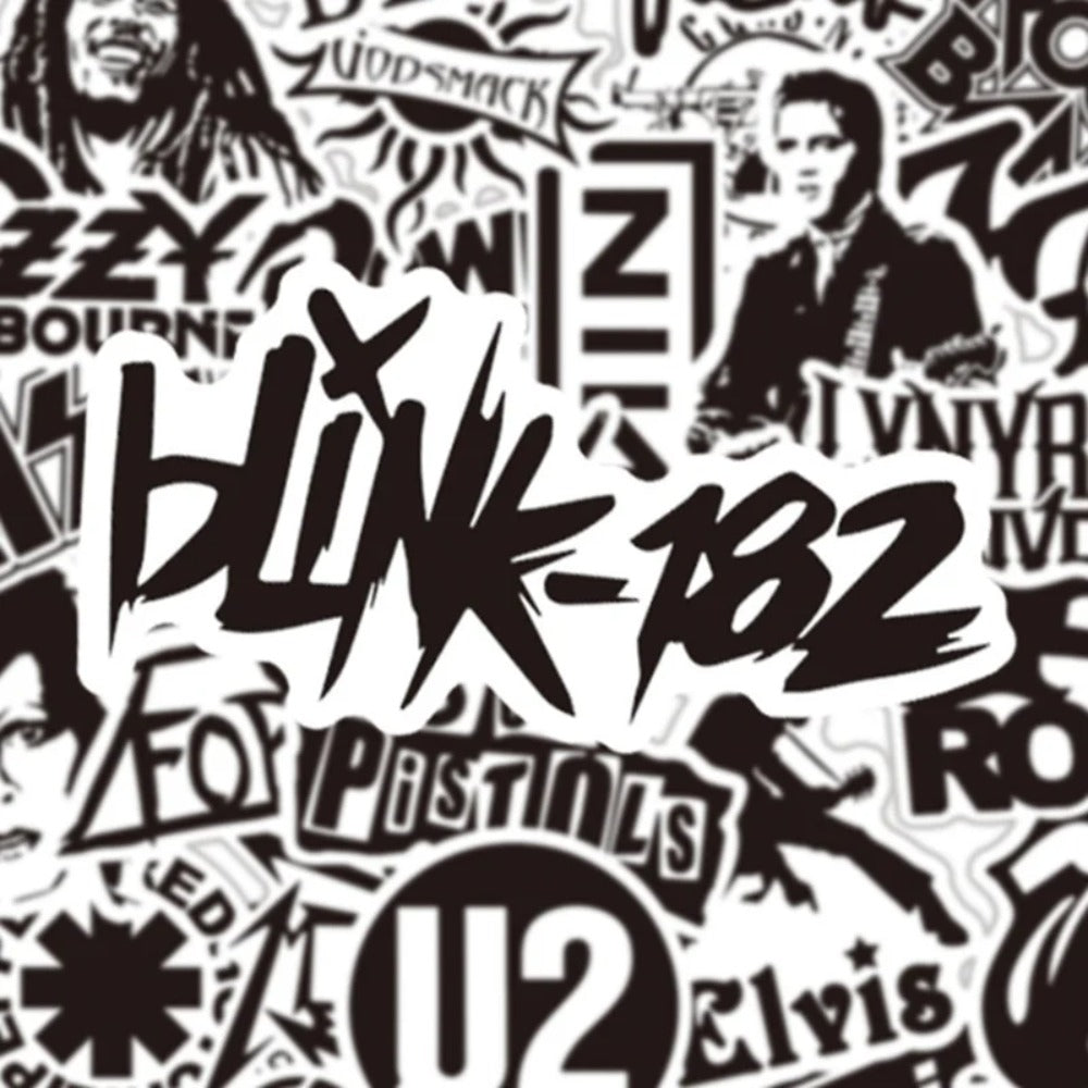 50PCS Punk Rock Band Black & White Waterproof Stickers Perfect for Suitcases, Skateboards, Water Bottles, Helmets Creative DIY Decorative Decals