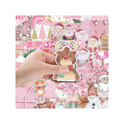 50PCS Cartoon Trendy Pink Christmas Doodle Stickers Exquisite Creative DIY Journal Decorative Decals Suitable for Skateboards, Guitars, Laptops, and Stationery Boxes