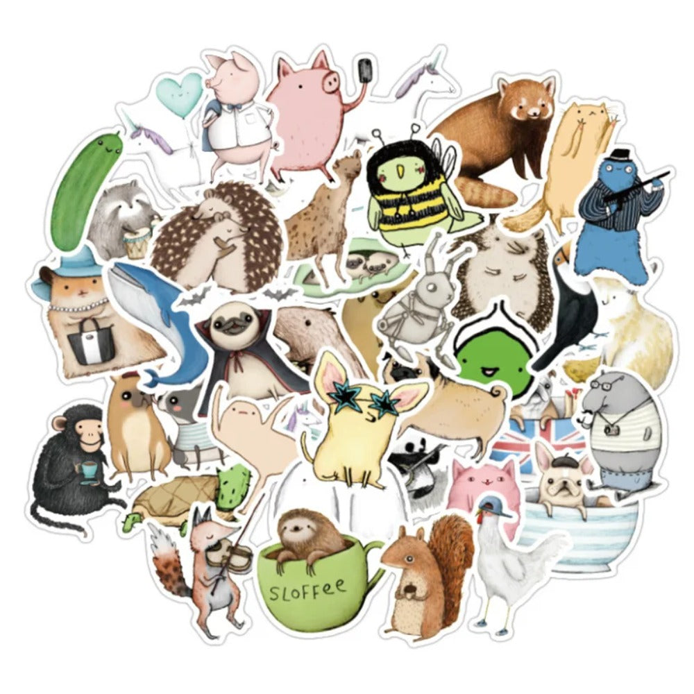 50-Piece Cartoon Animal Collection Doodle Stickers Perfect for Suitcases, Laptops, Skateboards, Water Bottles, Helmets, Stationery Boxes, and Desktop Decor