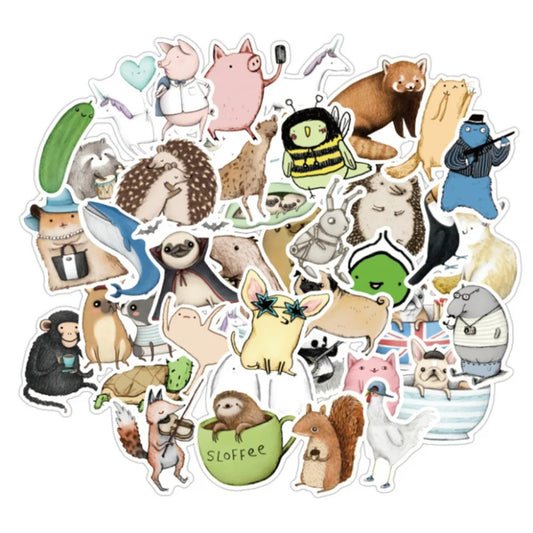 50-Piece Cartoon Animal Collection Doodle Stickers Perfect for Suitcases, Laptops, Skateboards, Water Bottles, Helmets, Stationery Boxes, and Desktop Decor