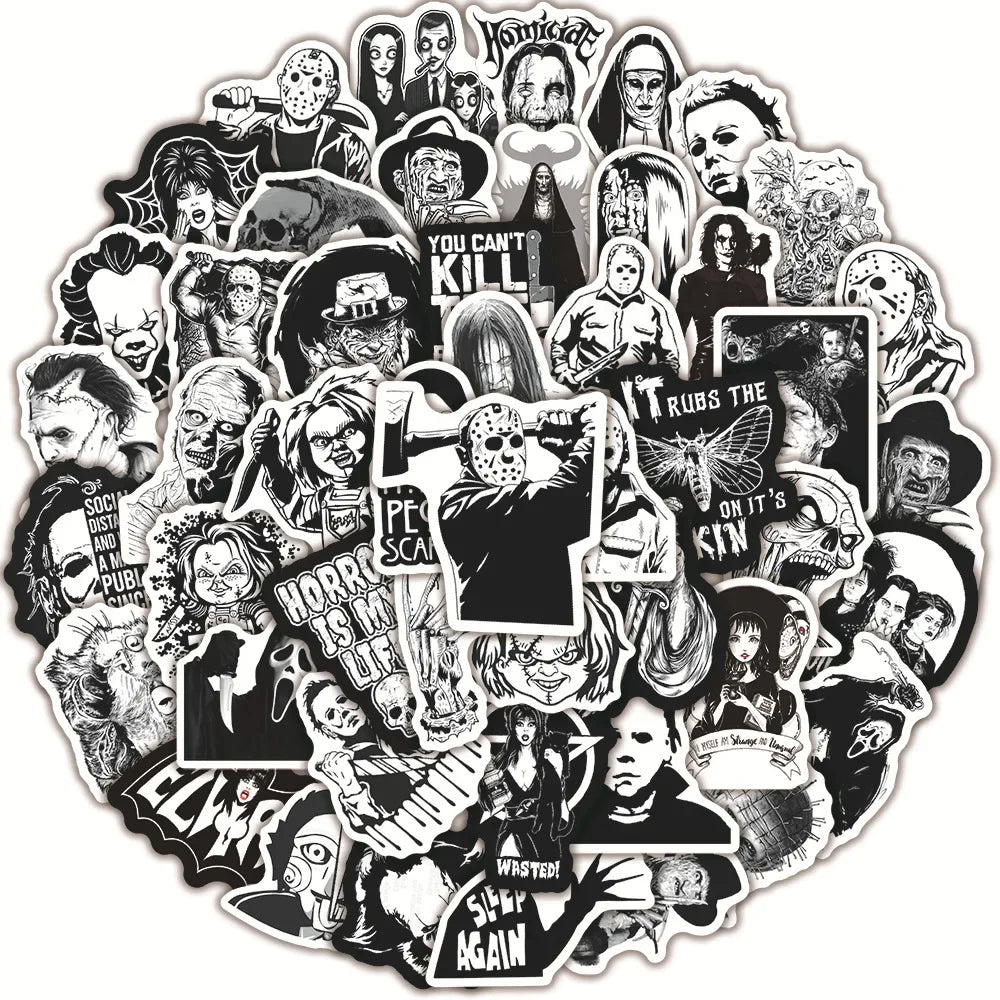 50PCS Black and White Horror Movie Theme Graffiti Waterproof Sticker Luggage Guitar Laptop Skateboard Helmet