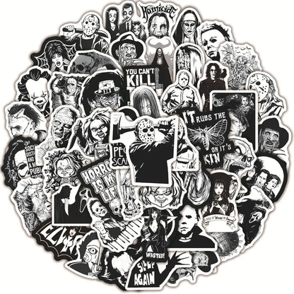 50PCS Black and White Horror Movie Theme Graffiti Waterproof Sticker Luggage Guitar Laptop Skateboard Helmet