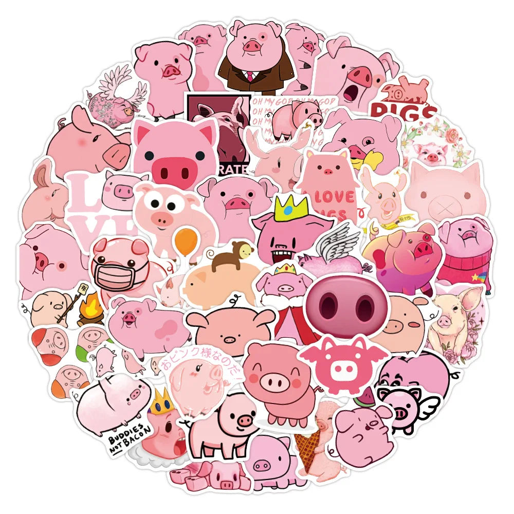 50 pieces of pink cute cartoon piglet decorative style graffiti stickers, personalized, fashionable and creative DIY exquisite decorative decal cups, helmets, skateboard popular sticker toys