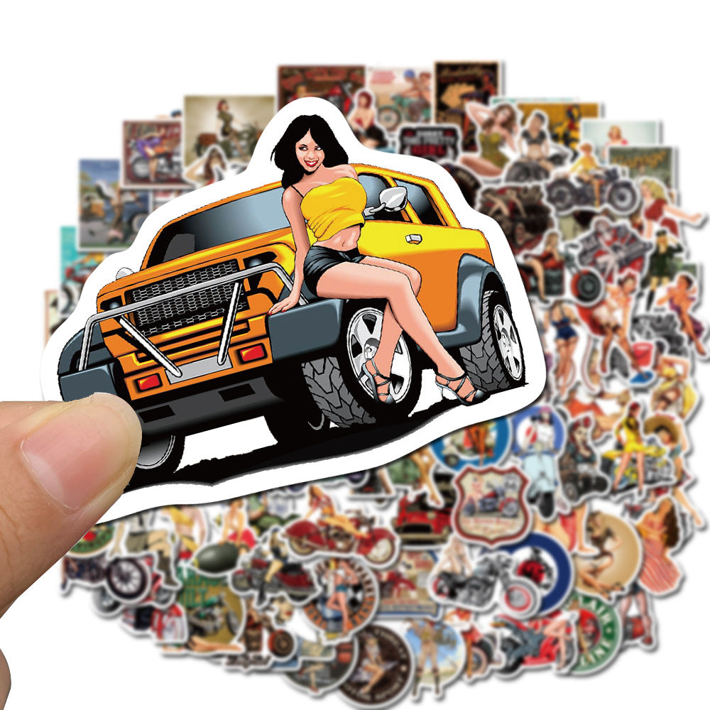 100PCS Hip-Hop Motorcycle Retro Girl Graffiti Stickers Perfect for Suitcases, Laptops, Skateboards, Water Bottles, Helmets, Stationery Boxes Exquisite DIY Desktop Decorations & Journal Stickers
