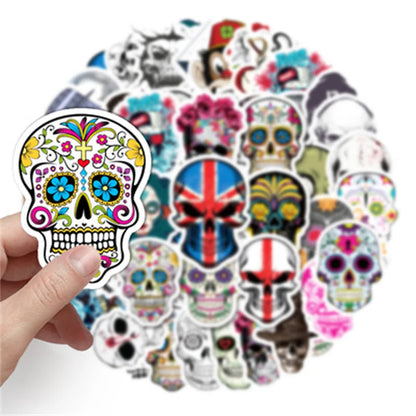 50pcs New Halloween Skull Cartoon Stickers Scary Face Graffiti Decoration Suitcase Guitar Waterproof Stickers