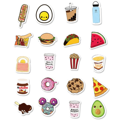50PCS of fashionable and cute fast food cartoon decorative style graffiti stickers, personalized and fashionable creative trend DIY exquisite decorative decal cups, helmets, skateboard popular sticker toys