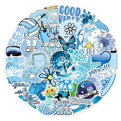50PCS Blue Fresh Sticker Graffiti Luggage Trolley Case Notebook Cup Interior Decoration Waterproof Sticker