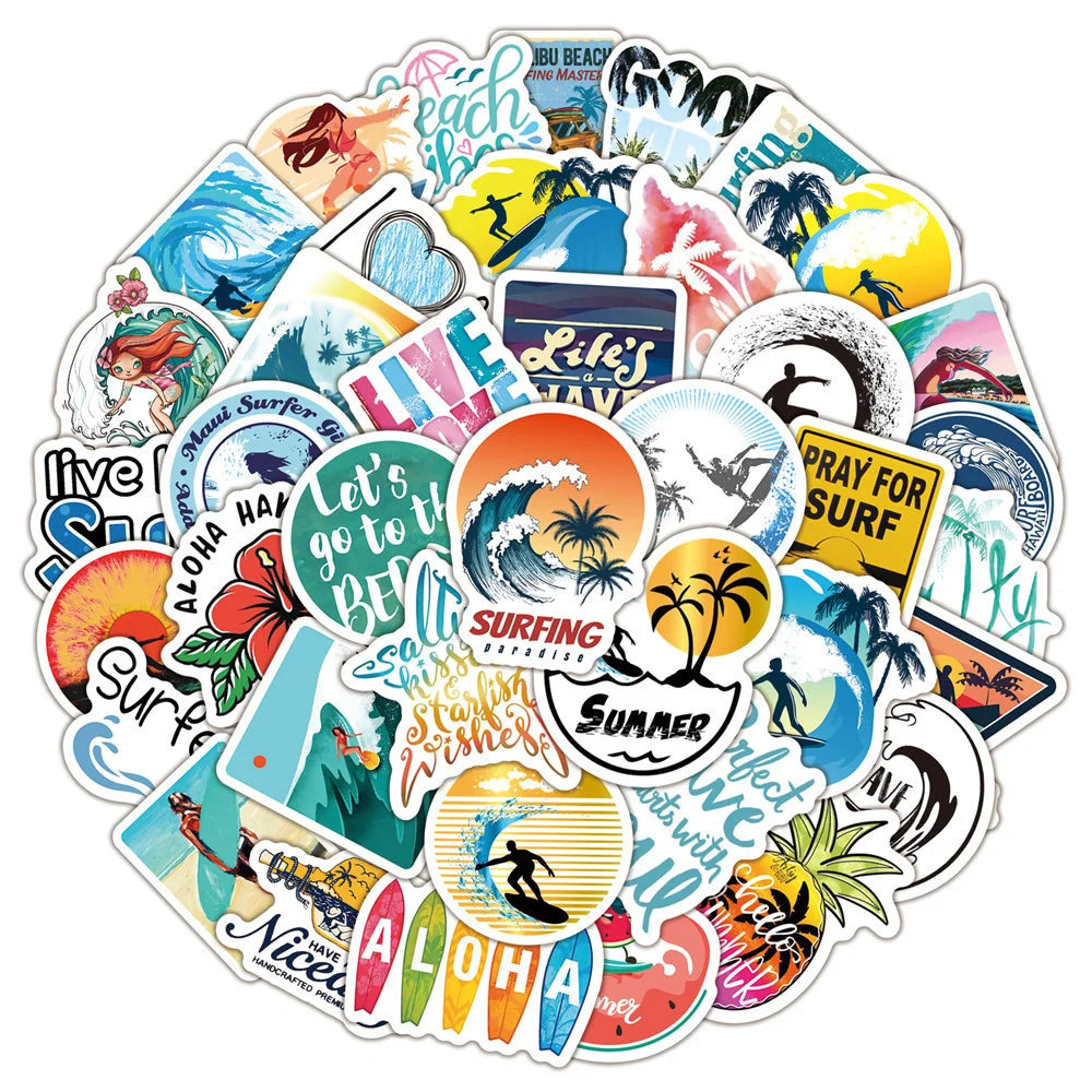 50PCS Summer Beach Surfing Graffiti Sticker Luggage Trolley Car Skateboard Fresh Adventure Sticker