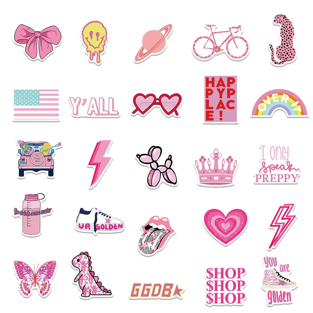 50PCS Preppy Pink Cartoon Fresh Graffiti Stickers Laptop Guitar Skateboard Decoration Waterproof Stickers