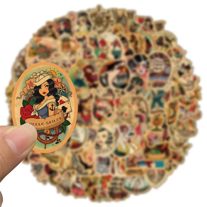 100PCS Beautiful Retro Girl Graffiti Laptop Skateboard Guitar Water Cup Luggage Waterproof Decorative Sticker